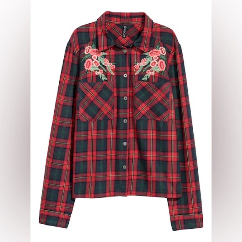 H&M cotton embroidered flannel button-down shirt US 2